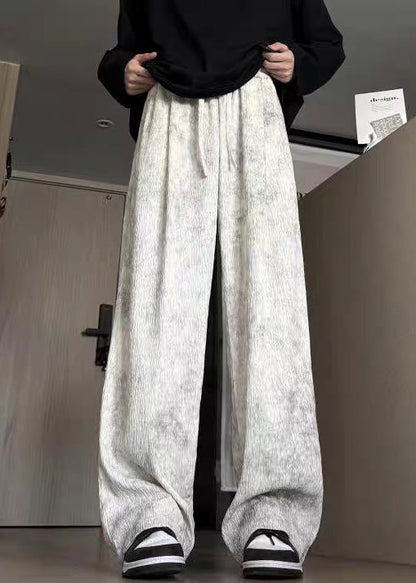 Beige Pockets Lace Up Cotton Wide Leg Pants Tie Dye