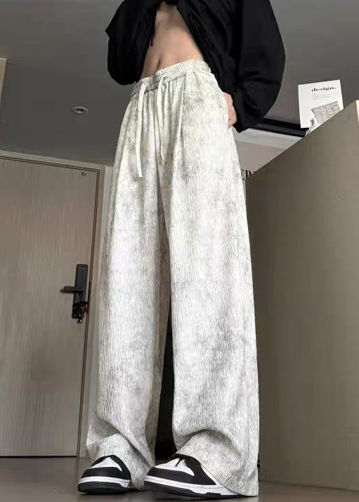 Beige Pockets Lace Up Cotton Wide Leg Pants Tie Dye