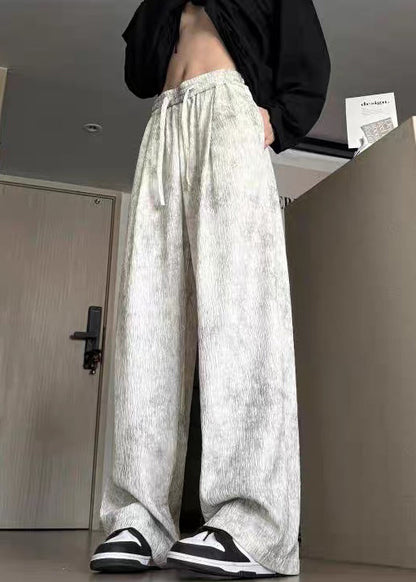Beige Pockets Lace Up Cotton Wide Leg Pants Tie Dye