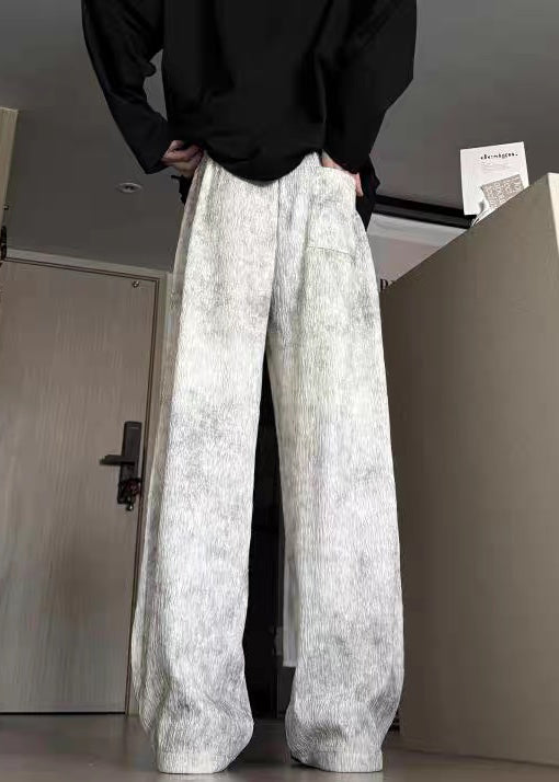 Beige Pockets Lace Up Cotton Wide Leg Pants Tie Dye