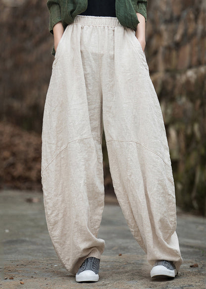 Beige Pockets Patchwork Linen Lantern Pants Elastic Waist Fall