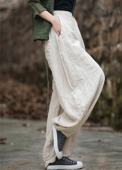 Beige Pockets Patchwork Linen Lantern Pants Elastic Waist Fall
