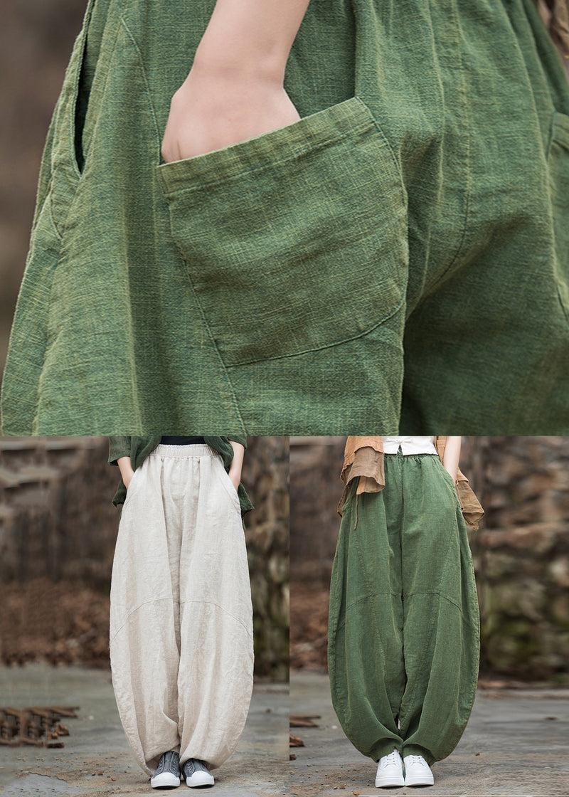Beige Pockets Patchwork Linen Lantern Pants Elastic Waist Fall