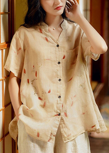 Beige Pockets Patchwork Linen Tops V Neck Short Sleeve
