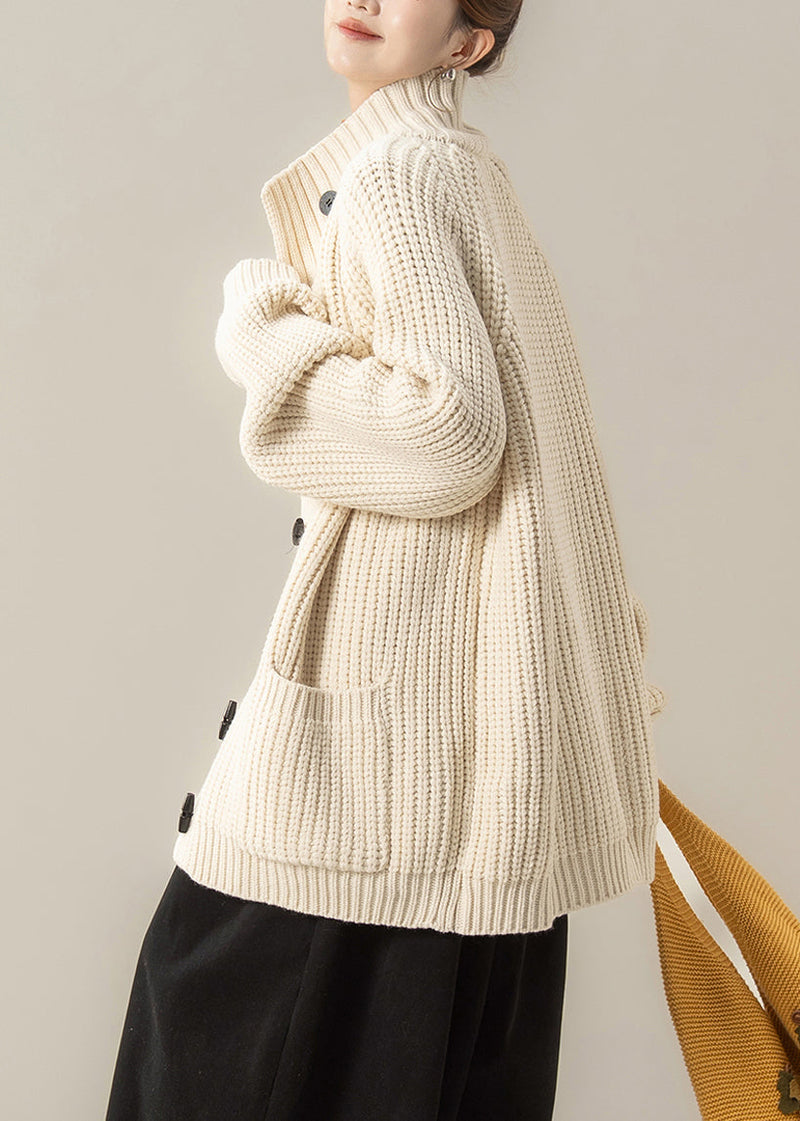 Beige Pockets Cotton Knit Cardigan Long Sleeve