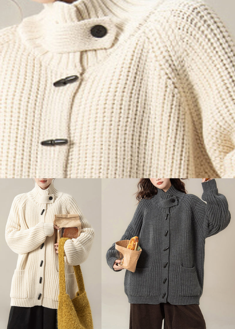 Beige Pockets Cotton Knit Cardigan Long Sleeve