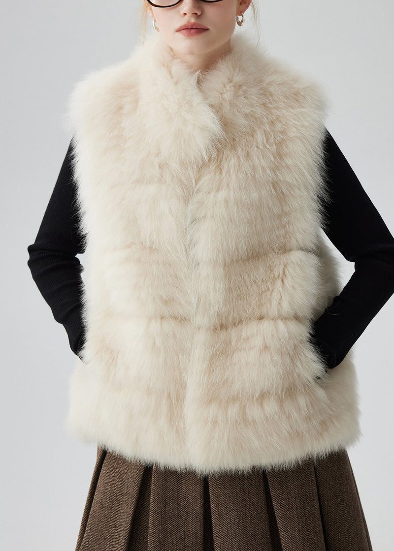 Beige Pockets Leather and Fur Waistcoat Winter