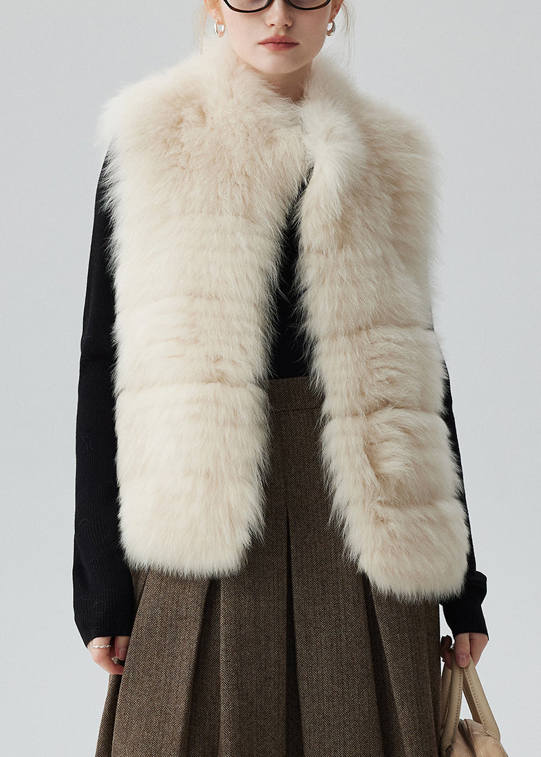 Beige Pockets Leather and Fur Waistcoat Winter