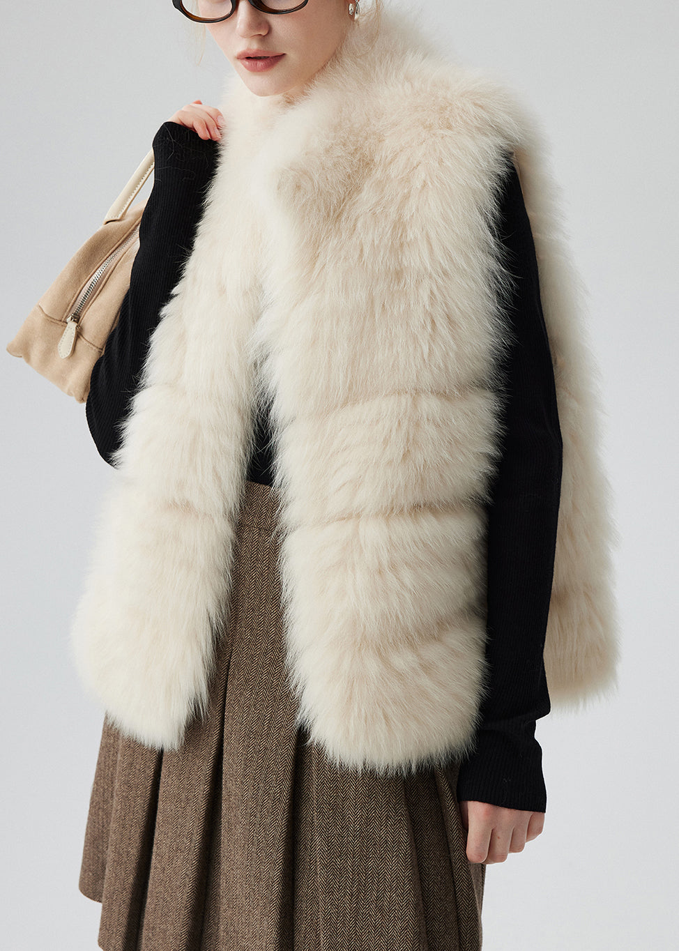 Beige Pockets Leather and Fur Waistcoat Winter