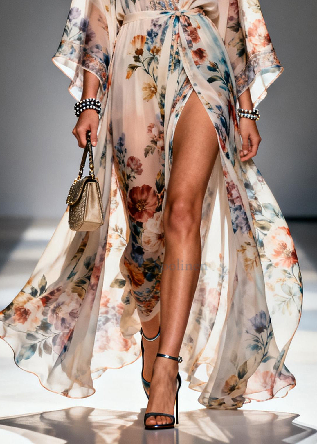 Beige Print Chiffon Maxi Dresses Exra Large Hem Side Open Summer