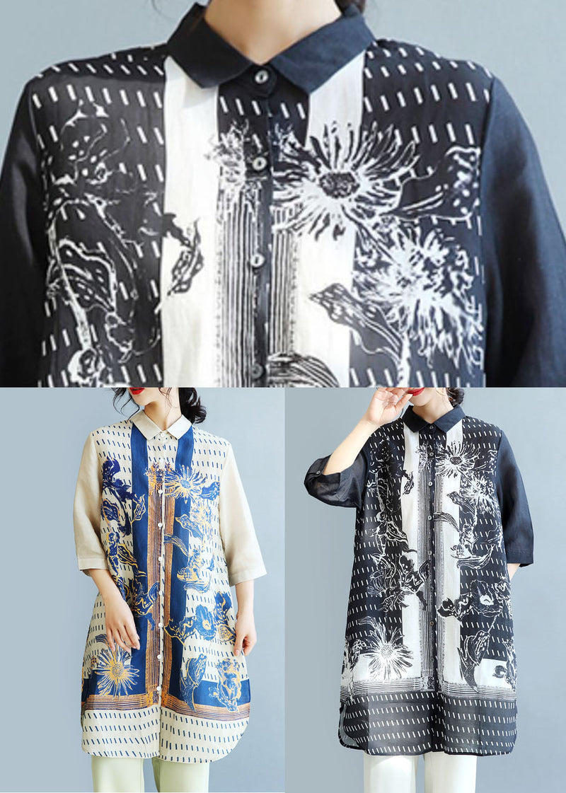 Beige Print Linen Long Shirt Top Side Open Half Sleeve