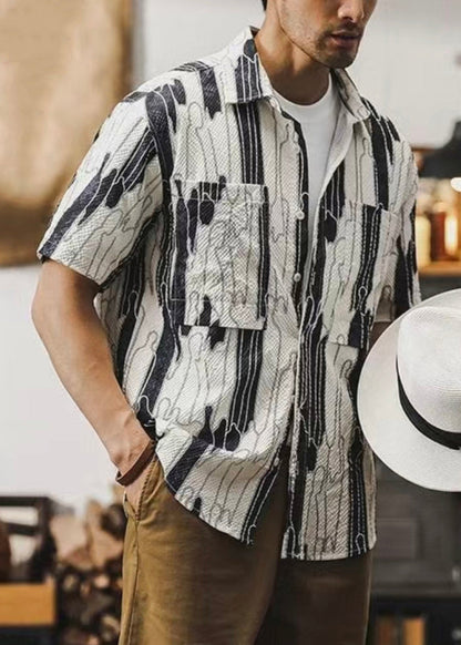 Beige Print Pockets Cotton Summer Shirt Peter Pan Collar