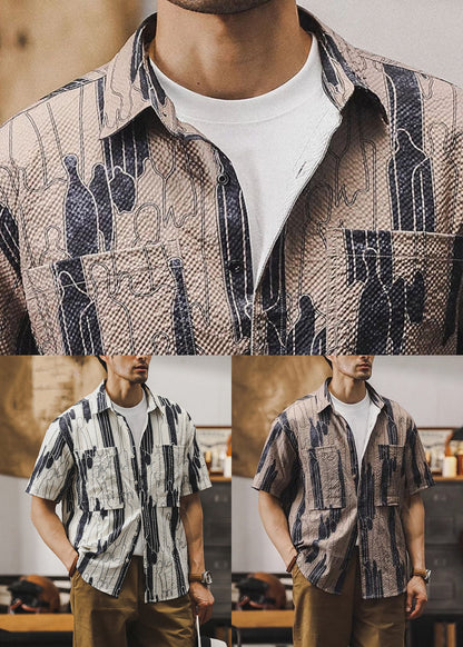 Beige Print Pockets Cotton Summer Shirt Peter Pan Collar