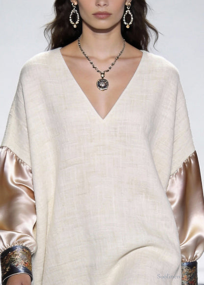 Beige Print Silk Patchwork Linen Mini Dress V Neck Spring