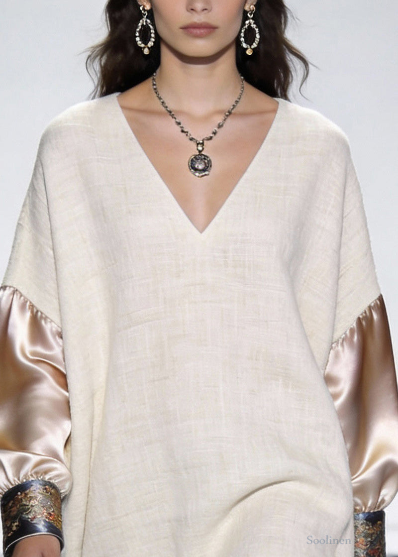 Beige Print Silk Patchwork Linen Mini Dress V Neck Spring