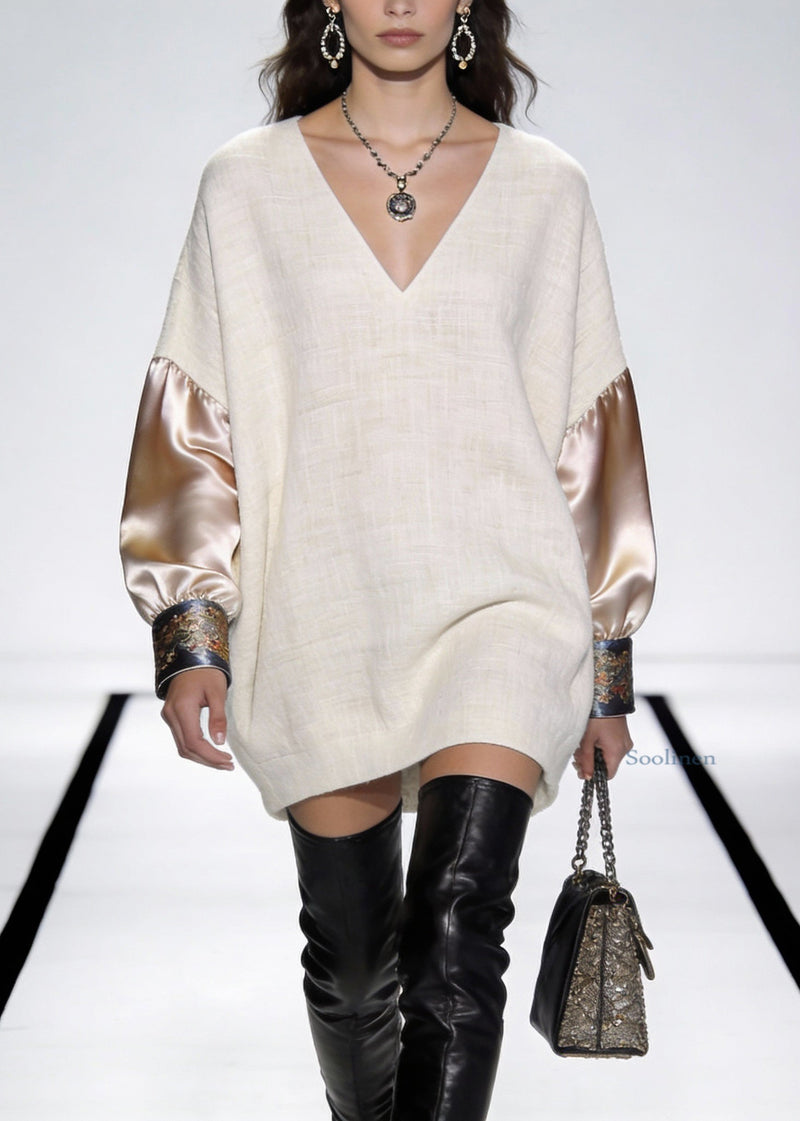 Beige Print Silk Patchwork Linen Mini Dress V Neck Spring