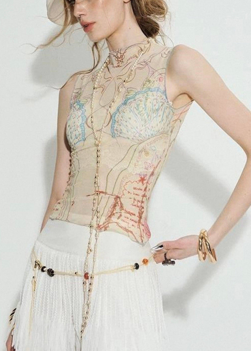 Beige Print Thin Tulle Tank Sleeveless Turtleneck