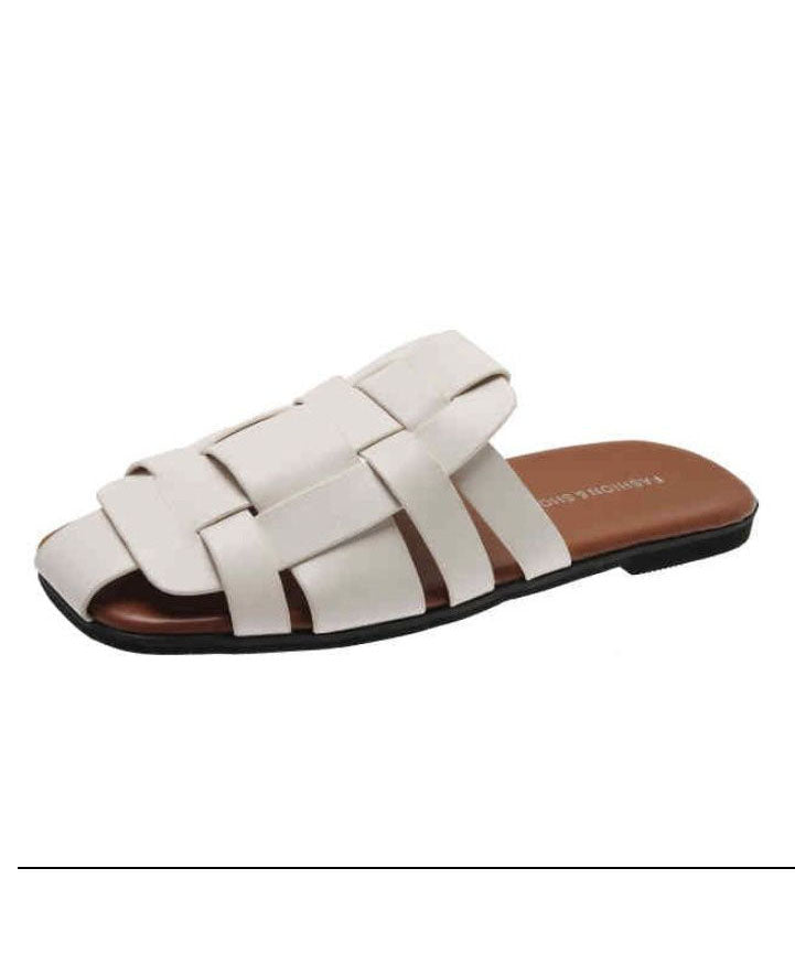 Beige Slide Sandals Faux Leather Hollow Out Splicing