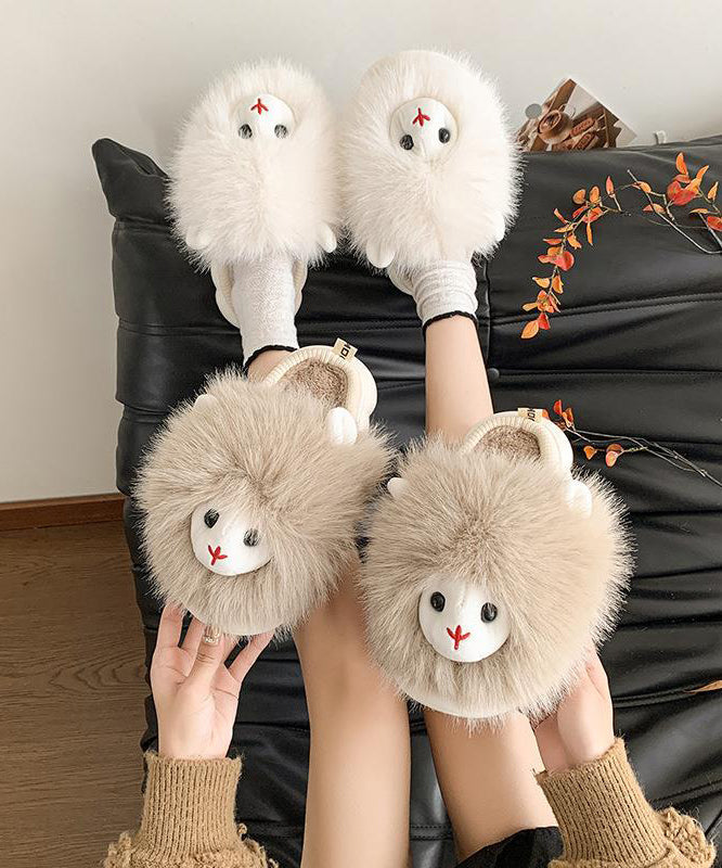 Beige Slippers Shoes Fuzzy Fur Splicing