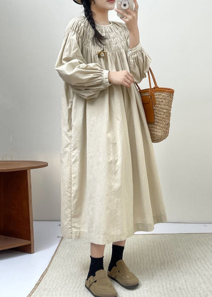 Beige Cotton Dresses Lace Up Long Sleeve