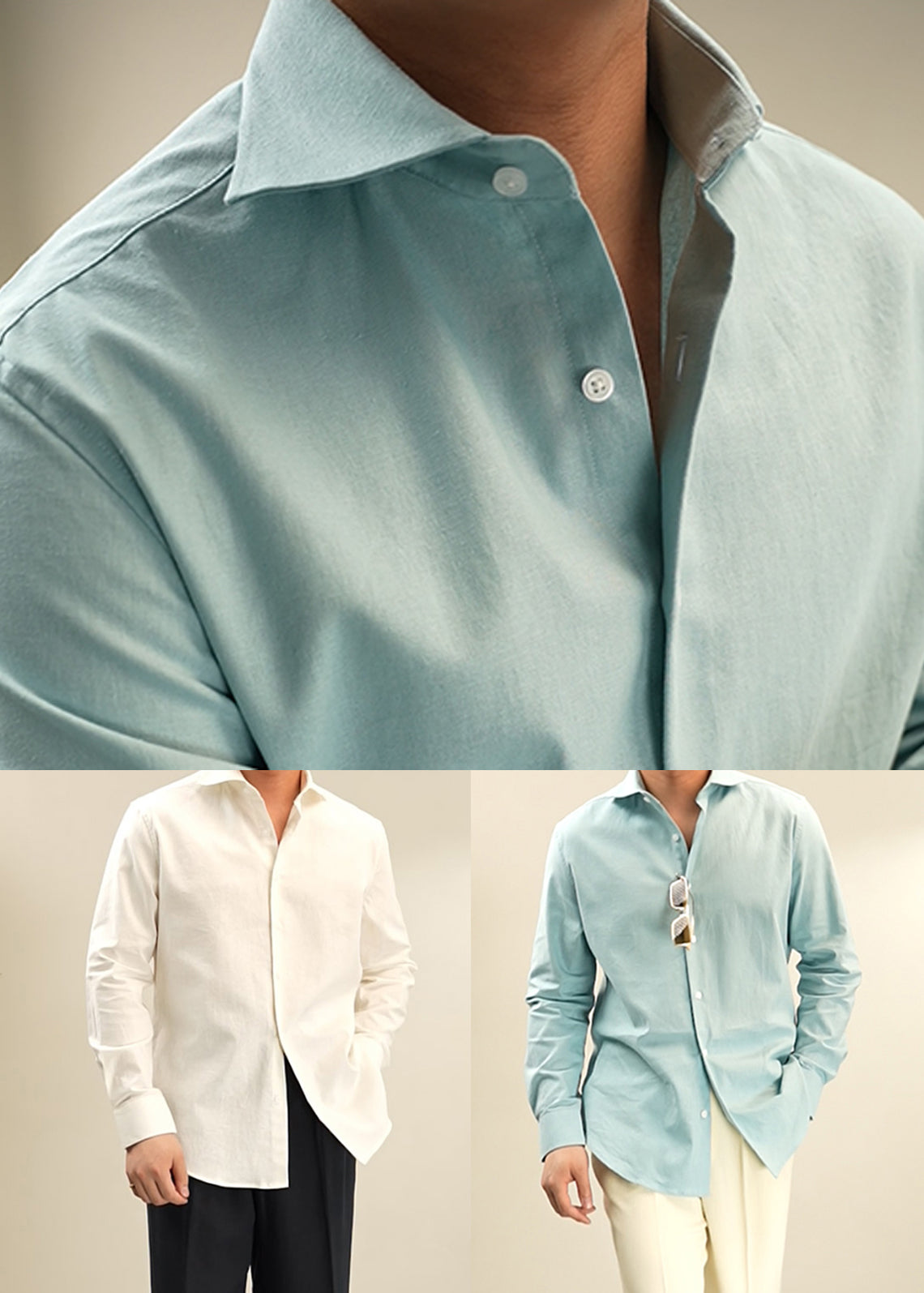 Beige Solid Cotton Shirt Men Casual Clothing Peter Pan Collar