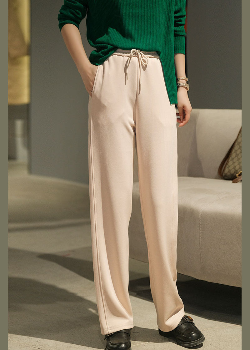Beige Fine Cotton Wide Leg Pants Elastic Waist Fall