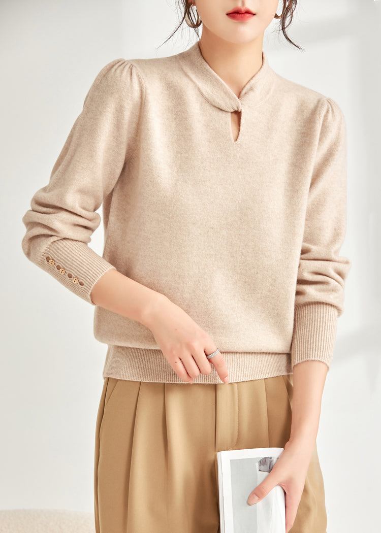 Beige Loose Wool Knit Sweater Hollow Out Spring