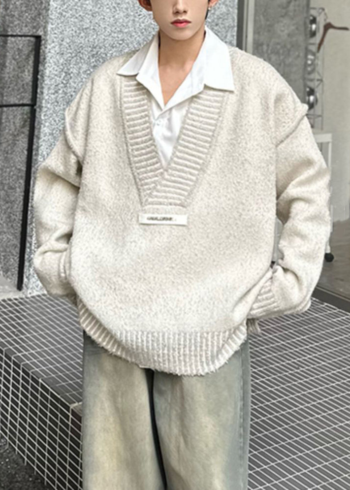Beige Patchwork Knit Fall Sweaters V Neck