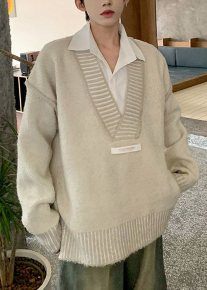 Beige Patchwork Knit Fall Sweaters V Neck