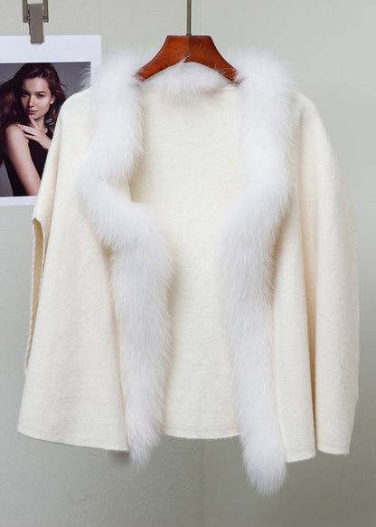 Beige Patchwork Woolen Winter Coat Fox Collar