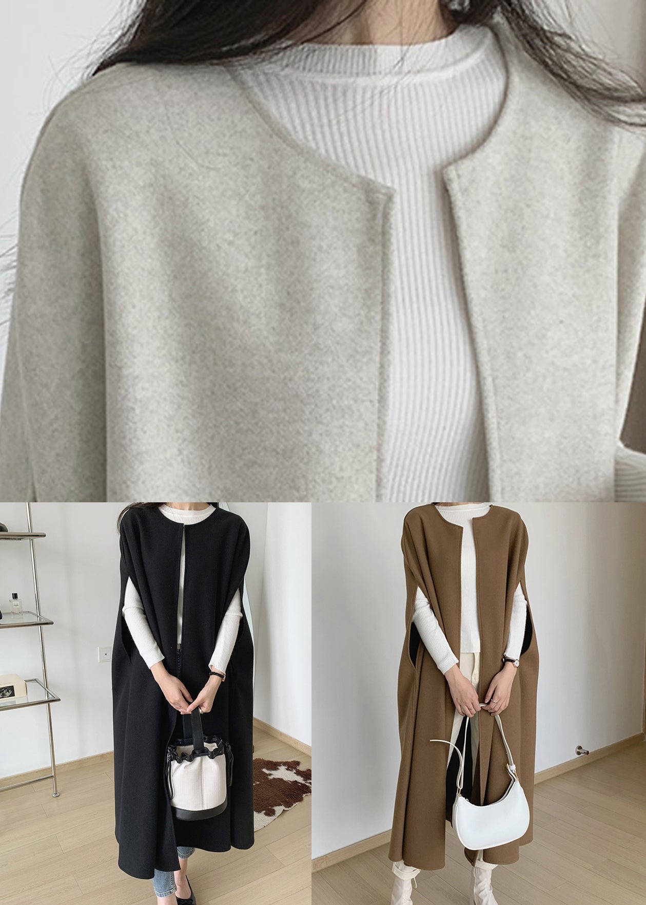 Beige Woolen Long Waistcoat O Neck Winter