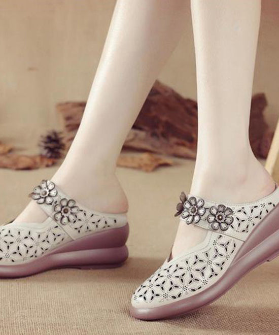 Beige Splicing Cowhide Leather Wedge Slide Sandals Hollow Out