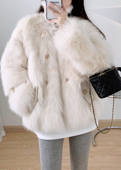 Beige Square Collar Neck Tie Leather and Faux Fur Coat Winter