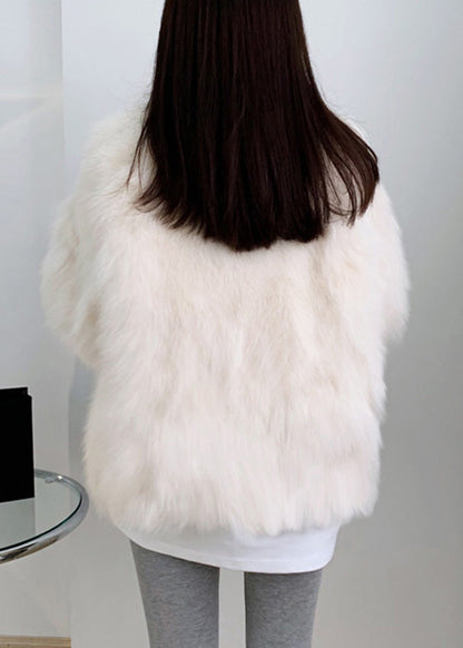 Beige Square Collar Neck Tie Leather and Faux Fur Coat Winter