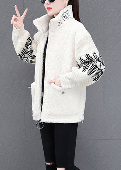 Beige Stand Collar Zippered Striped Patchwork Teddy Faux Fur Coats Winter