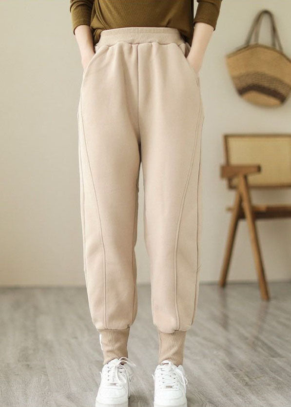 Beige Warm Fleece Beam Pants High Waist Color Winter