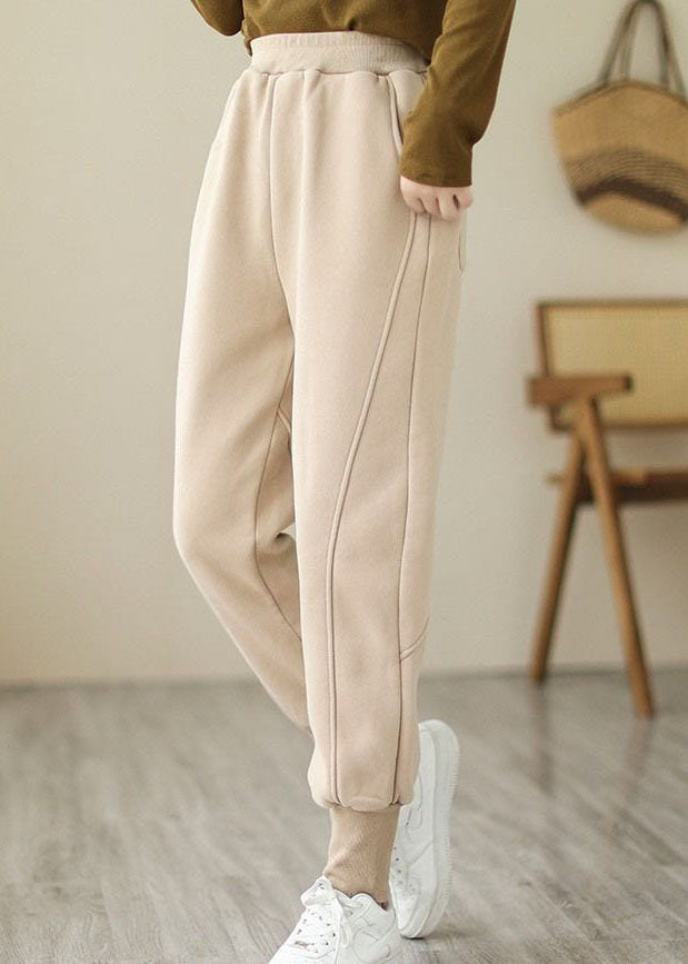 Beige Warm Fleece Beam Pants High Waist Color Winter