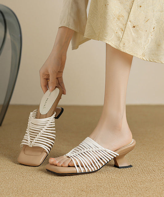 Beige Wedge Faux Leather Splicing Slide Sandals