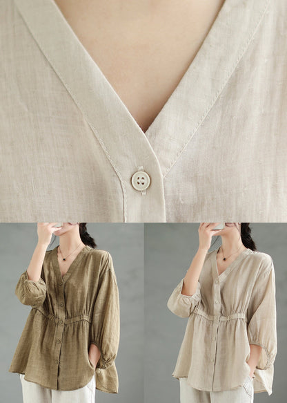 Beige Wrinkled Patchwork Linen Blouses V Neck Spring