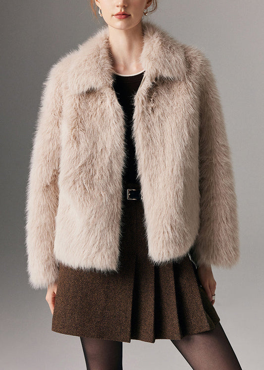 Beige Zippered Pockets Leather and Fur Winter Coat Peter Pan Collar
