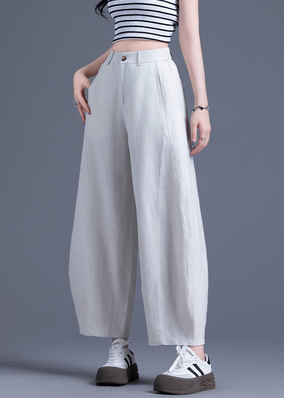 Beige Zippered Elastic Waist Linen Wide Leg Pants
