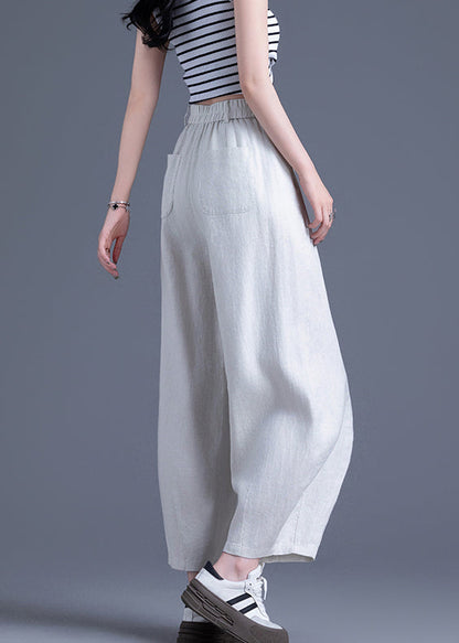 Beige Zippered Elastic Waist Linen Wide Leg Pants