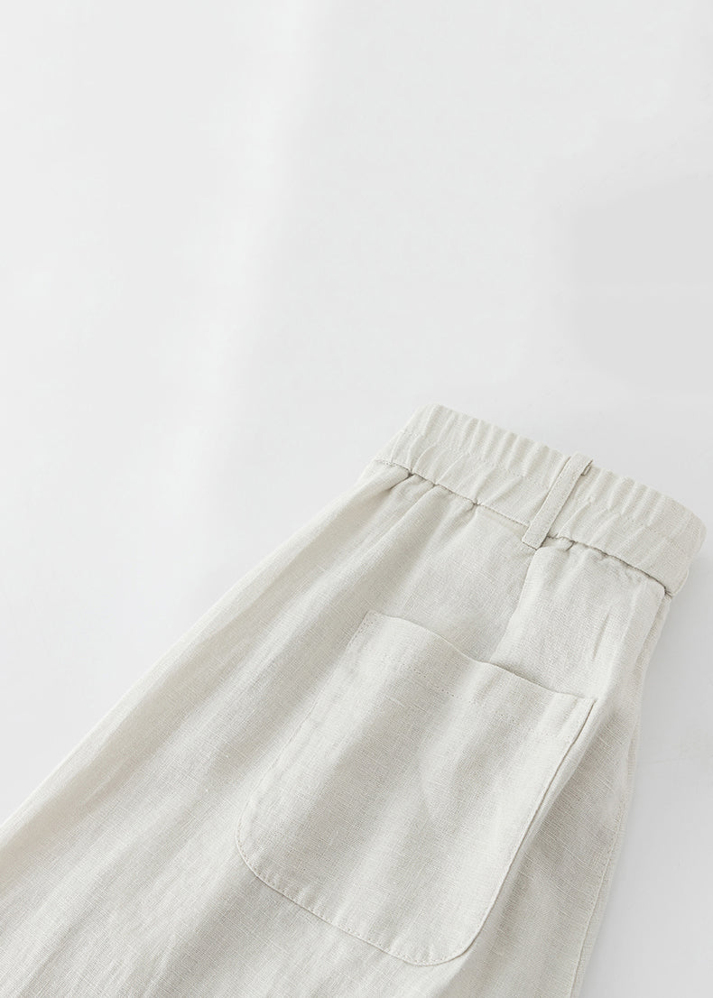 Beige Zippered Elastic Waist Linen Wide Leg Pants