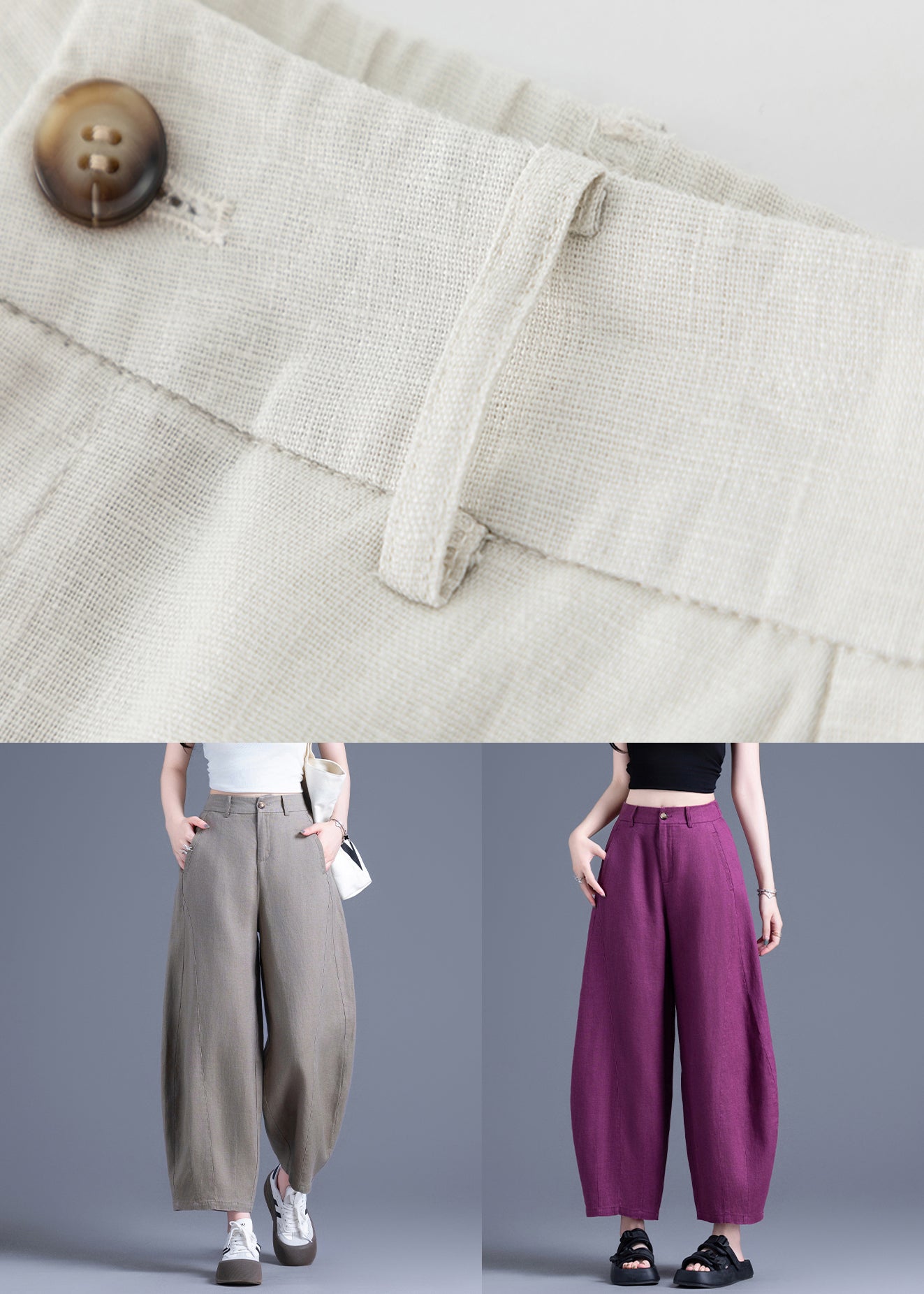 Beige Zippered Elastic Waist Linen Wide Leg Pants