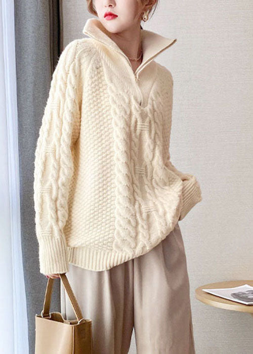 Beige Thick Knit Sweater Tops Turtle Neck Spring