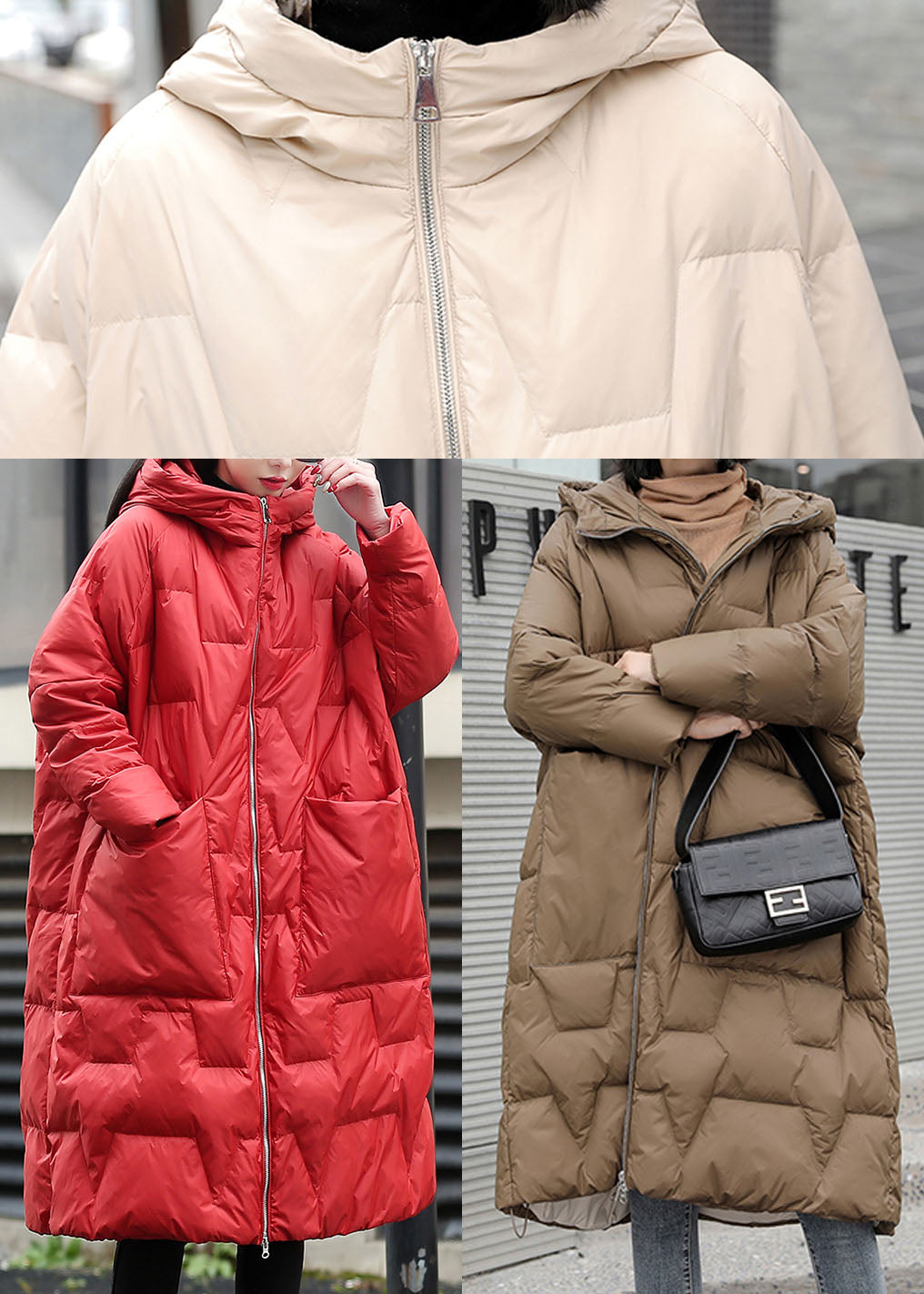 Beige Warm Duck Down Coat Zip Up Winter