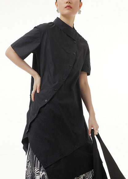 Black Asymmetrical Button Cotton Maxi Shirts Short Sleeve