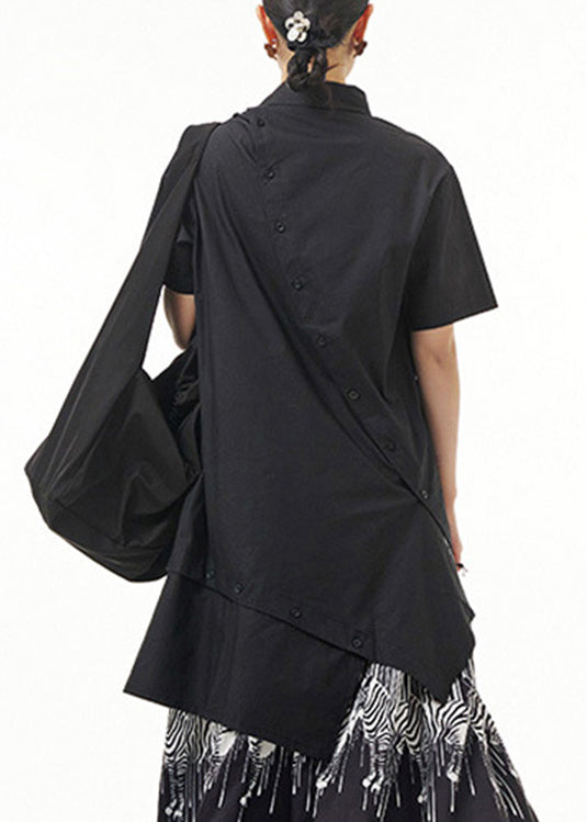 Black Asymmetrical Button Cotton Maxi Shirts Short Sleeve