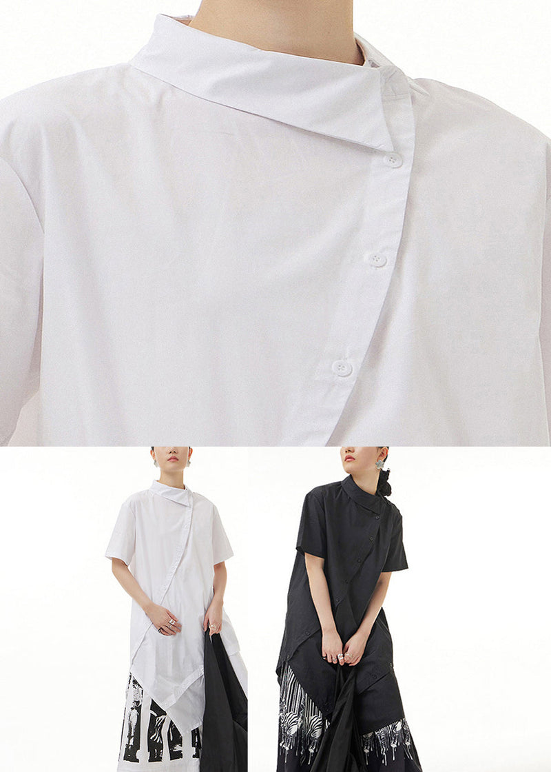 Black Asymmetrical Button Cotton Maxi Shirts Short Sleeve