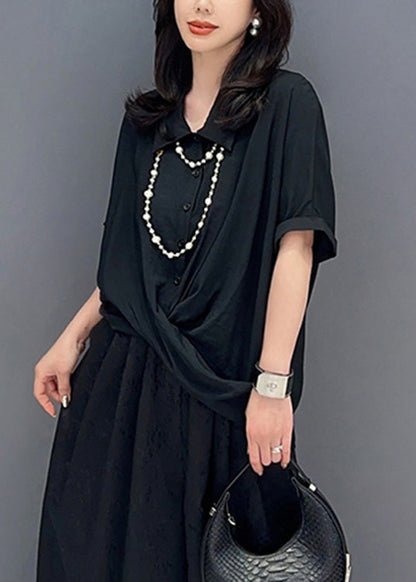 Black Asymmetrical Button Shirts Short Sleeve